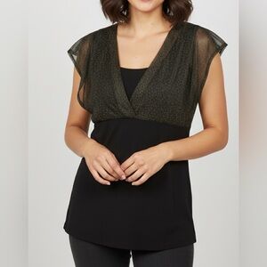 Reitman's Elegant Gold Shimmer & Sheer Overlay V-Neck Top - Black & Gold Medium